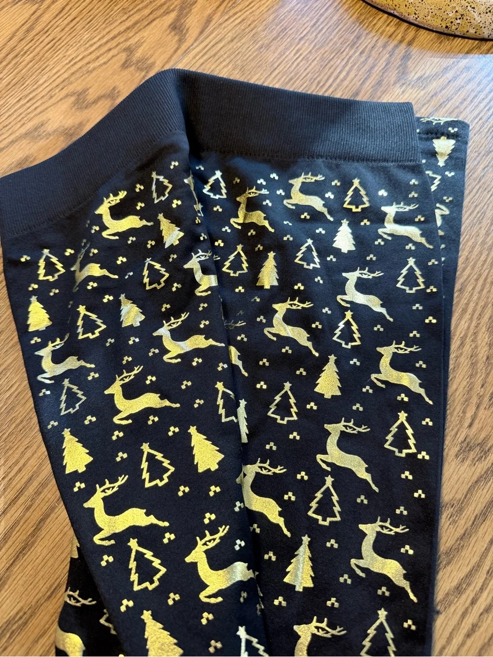 NWOT Black Leggings with Shiny Gold Holiday Motif